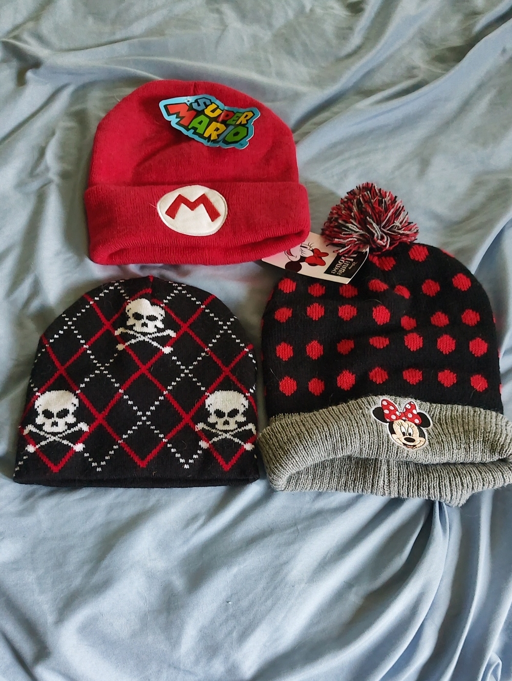 Super Mario Red Knit Beanie, Minnie & Skull Knit Hats Bundle